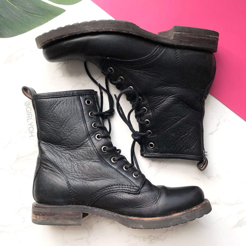 Frye Veronica Combat Black Leather Lace Up Boots 6